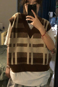 V-Neck Retro Plaid Striped Sleeveless Vest Sweater