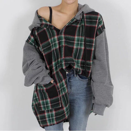 Loose Long Sleeve Plaid Hooded Style