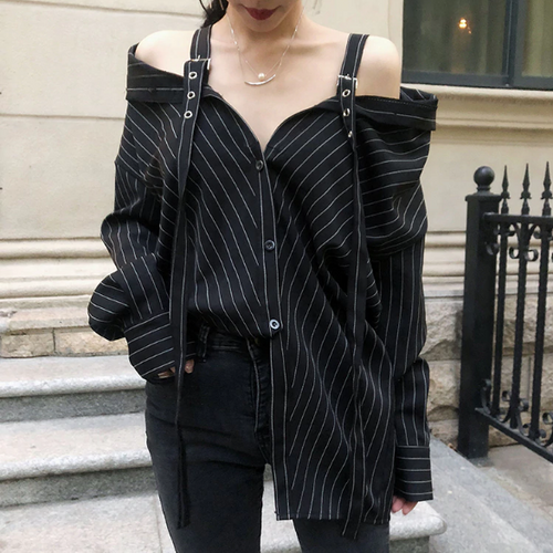 Black Strap Vertical Stripe Off Shoulder Long Sleeve Shirt