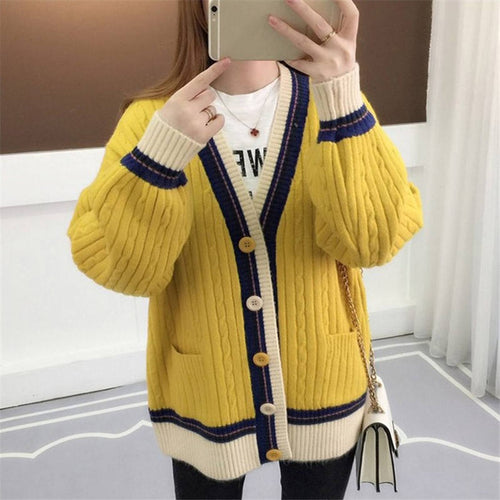 Knitted Cardigan Contrast Color V-Neck