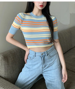 Vintage Yellow Blue Color Stripes Knitted Cropped Shirt