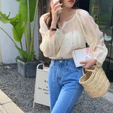 Three Quarter Sleeve Dot Pattern Chiffon Thin Blouse Shirts