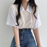 Fake Two Piece Loose Polo Collar Shirt