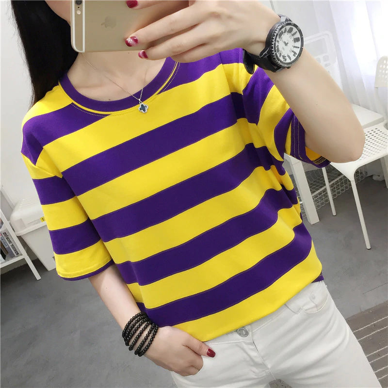 Yellow and Purple Striped O Neck Loose Shirt