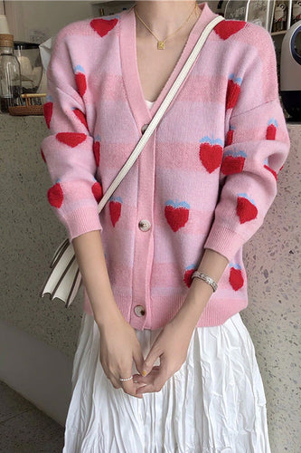 Strawberry Pattern V-Neck Knitted Cardigan Sweater