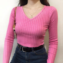 V Neck Fitted Rib Crop Knitted Sweater