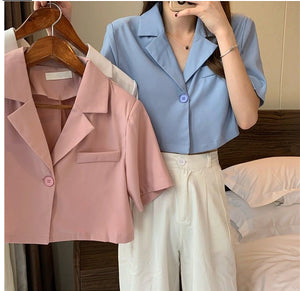 Short Sleeve Cropped Office Blouse Shirt