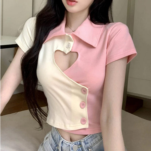 Heart Shaped Hole Cropped Polo Slim Shirt