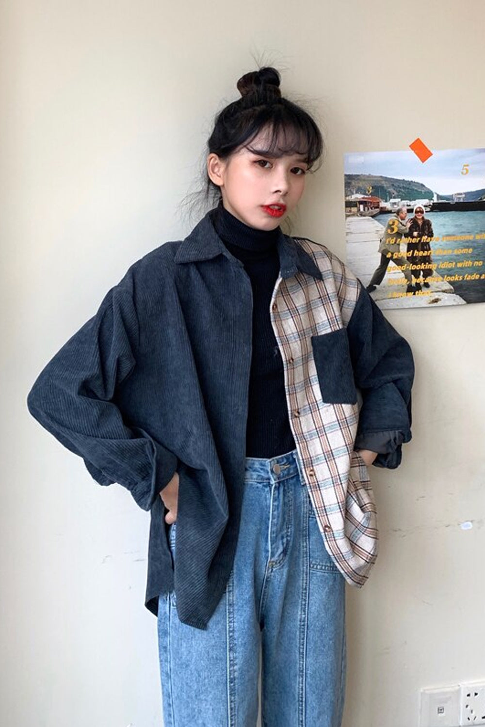 Loose Corduroy With Plaid Combination Blouse Shirt