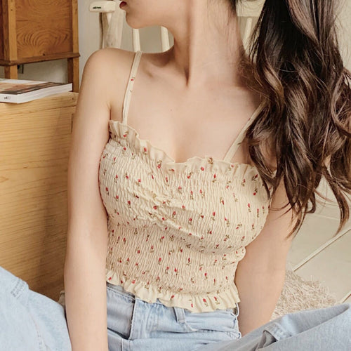 Floral Printed Ruffle Slim Crop Tops