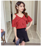 Off Shoulder Polka Dot V-Neck Blouse Shirt