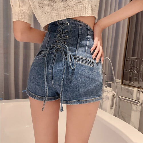 Sexy Skinny Belted Back Denim Shorts