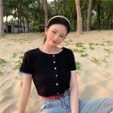 Colorful Buttons O Neck Short Sleeve Crop Top