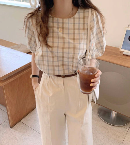 O-Neck Puff Sleeve Plaid Blouse Shirt