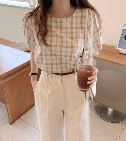 O-Neck Puff Sleeve Plaid Blouse Shirt