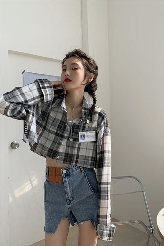 Sexy Plaid Long Sleeve Cropped Shirt