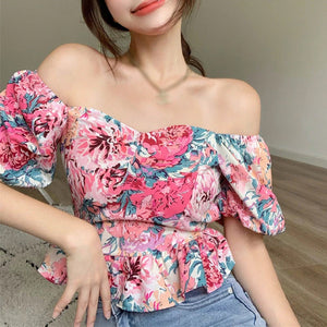 Sexy Floral Pattern Puff Sleeve Open Back Tops