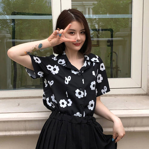 Black  Floral Printed Blouse Short Sleeve Shirt