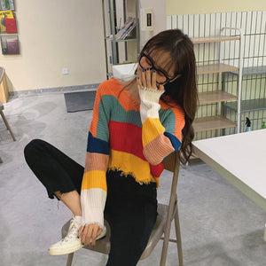 V-Neck Colors Striped Tassel Loose Sweater