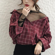 Retro Plaid Mesh Patchwork Fake Two-Piece Shirts