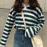 Loose Casual Vintage Striped Turn Down Collar 