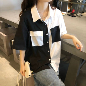 Short Sleeve 2 Colors Combination Blouse Shirt