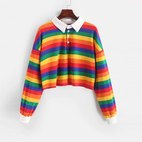 Rainbow Patchwork Button Cropped Long Sleeve Shirt