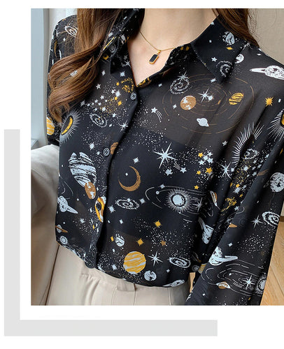 Long Sleeve Stars Planet Printed Office Blouse Shirt