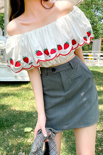 Strawberry Embroidery Ruffle Puff Sleeve Tops