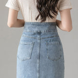 High Waist Ring Buckle Front Split Jeans Skirts
