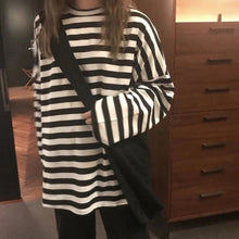 Black and White Striped O Neck Loose Shirt