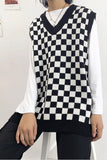 Plaid Checkered V-Neck Sleeveless Knitted Vest Sweater