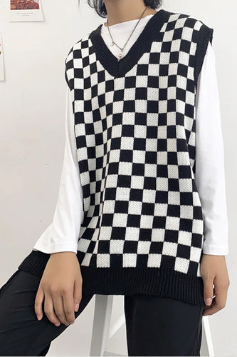 Plaid Checkered V-Neck Sleeveless Knitted Vest Sweater