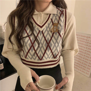 Argyle Bear Embroidered Vest Sweater