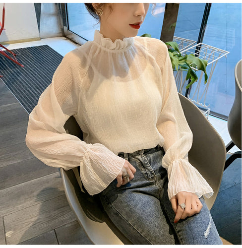 Loose Bell Sleeve Chiffon Transparent Shirt