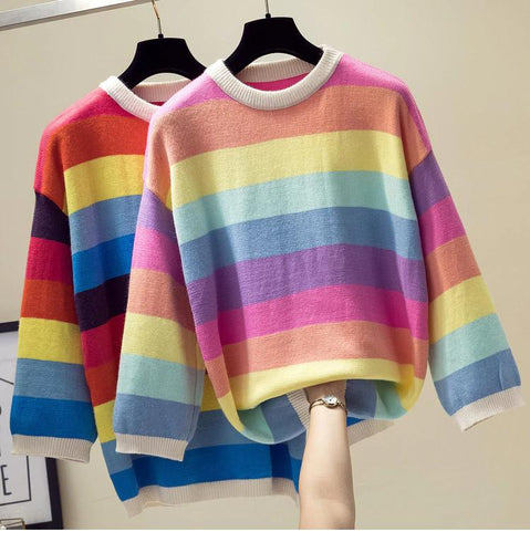 Loose Rainbow Striped Cashmere Sweater