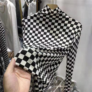 Vintage Turtleneck Checkerboard Long Sleeve Bodycon Shirt