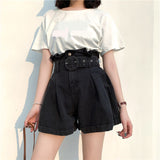 High Waist Big Belted Black Denim Shorts