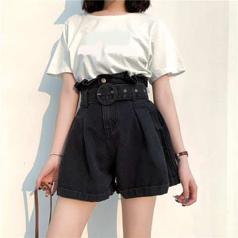 High Waist Big Belted Black Denim Shorts