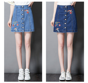 Floral Embroidery Denim Skirt With Button
