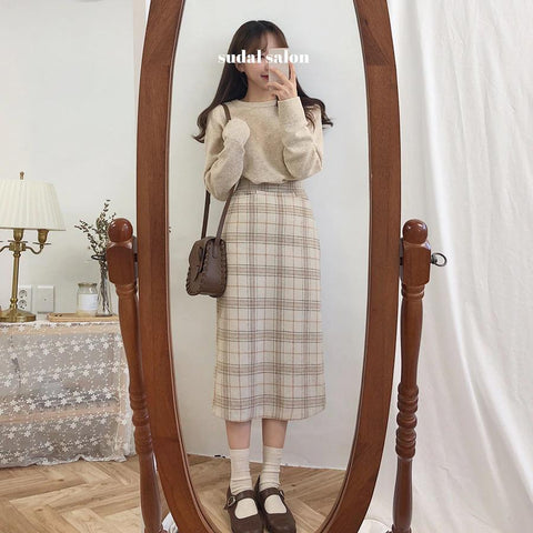 Vintage Plaid Long Pencil Skirt