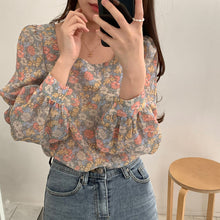 Long Sleeve Square Collar Cute Floral Blouse Shirt