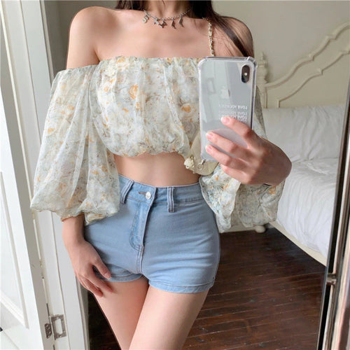 Sexy Floral Strap Puff Sleeve Blouse Shirt