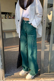 High Waist Loose Wide Leg Green Retro Jeans Pants