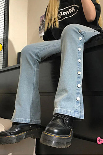 High Waist Side Buttons Straight Jeans Pants