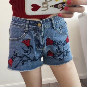 Rose Embroidered High Waisted Denim Shorts