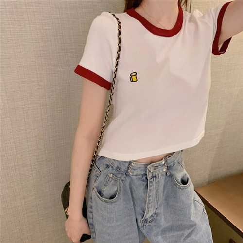 Cute Beer Pocket Printed Crop Top Ringer Shirt