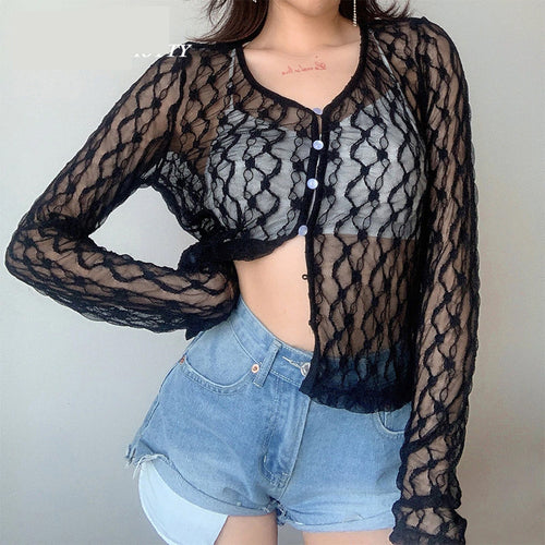 Sexy Lace Mesh Long Sleeve Transparent Shirt