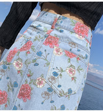 High Waist Slit Floral Printed Jeans Skirt