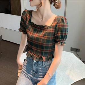 Puff Sleeve Plaid Square Neck Blouse